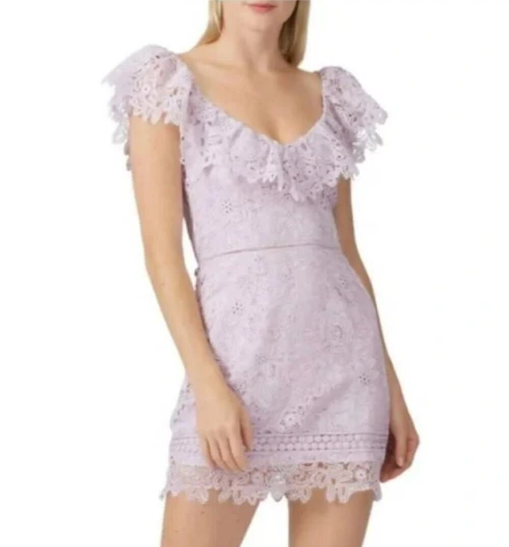 Saylor Adwoa Mini Dress Lace Trim Cap Sleeve Plunge V Neck Purple Womens Medium